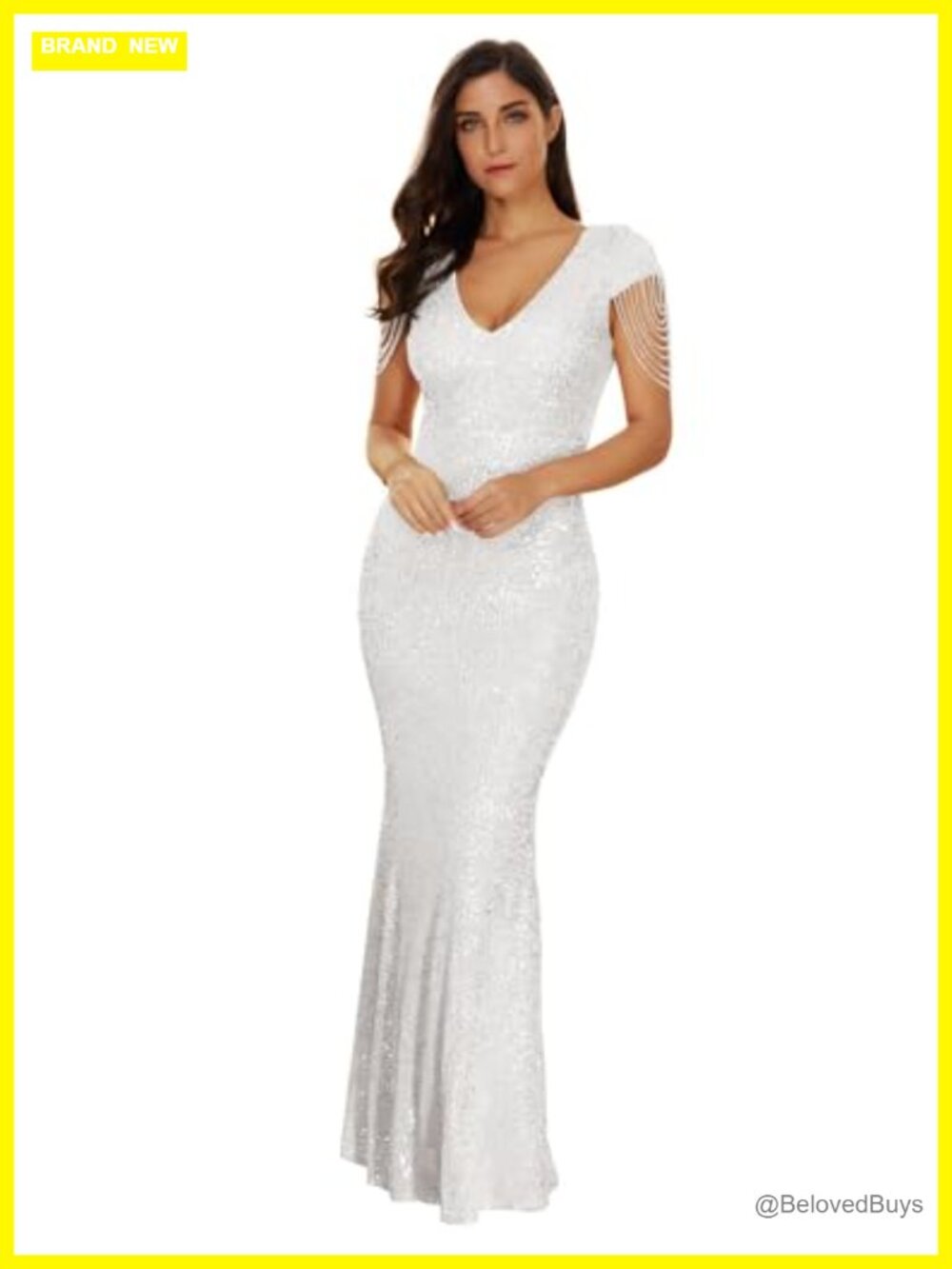 V-Neck Sequin Beaded Mermaid Maxi Formal Evening Dress Short Sleeve Backless